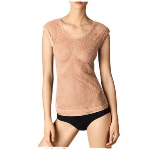 NWOT Wolford Leafage Lace Sheer Short Sleeve Top Coral Small Embroidered